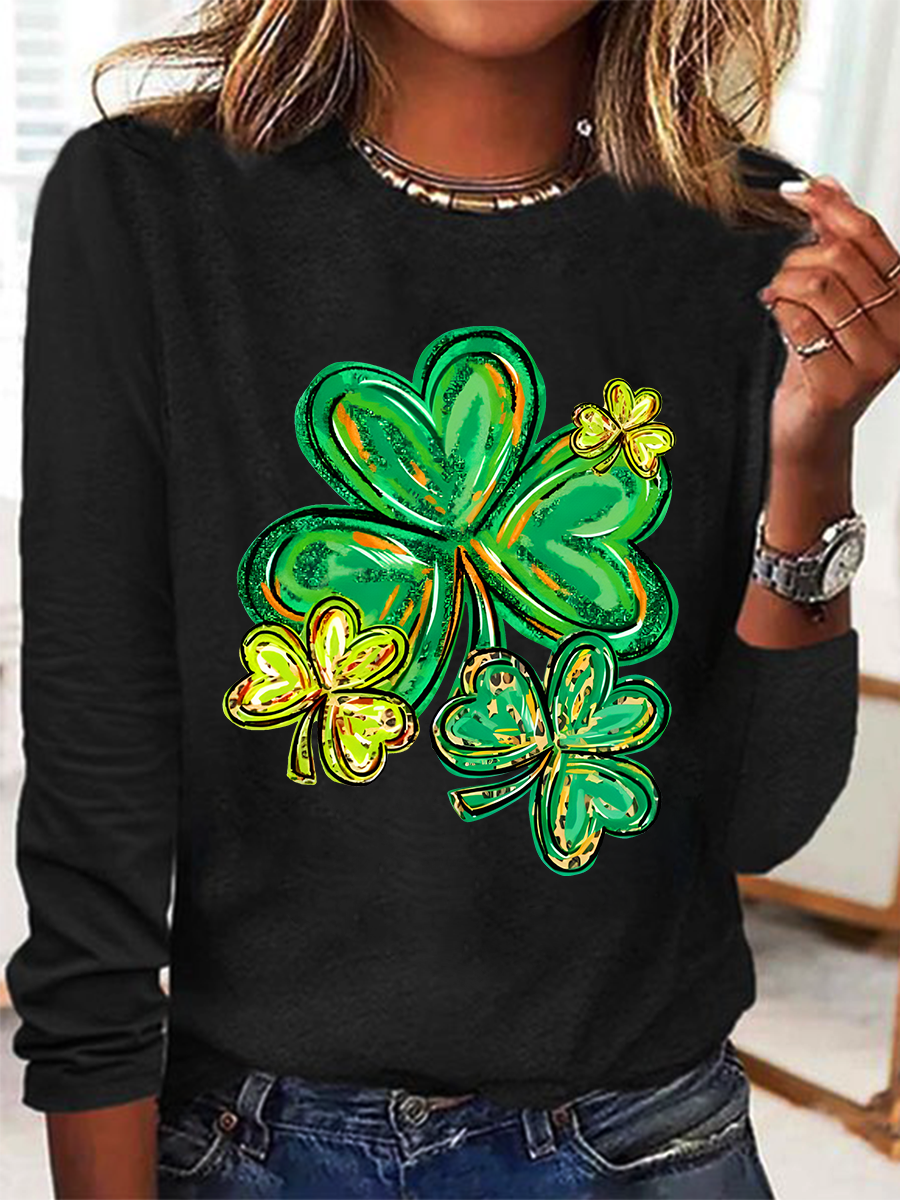 Women's Shamrock Long Sleeve Blouse_ Spring/Fall Crew Neck Daily Casual Top