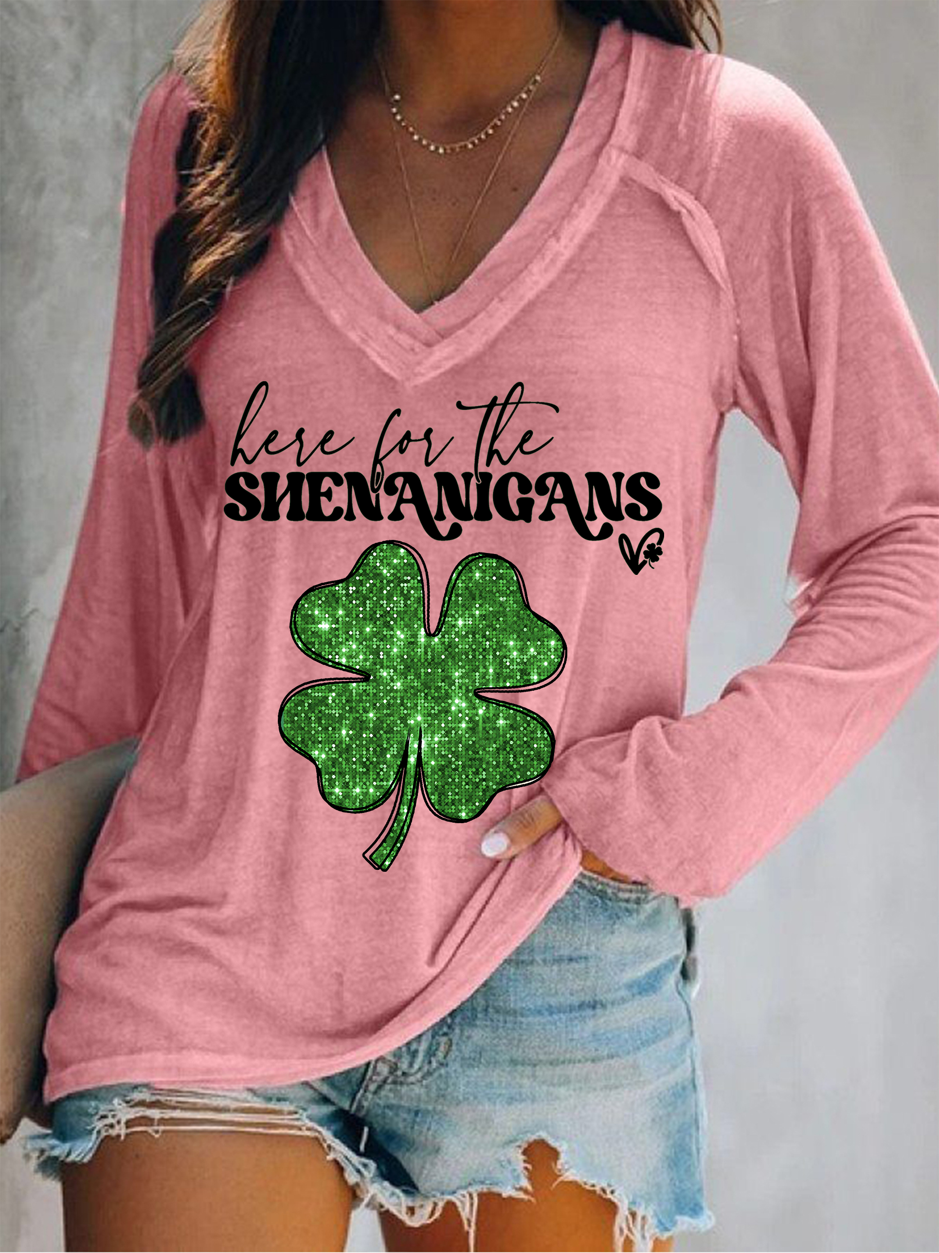 Women's Four-leaf Clover Long Sleeve Tee T-shirt V Neck Casual Spring/Fall Top