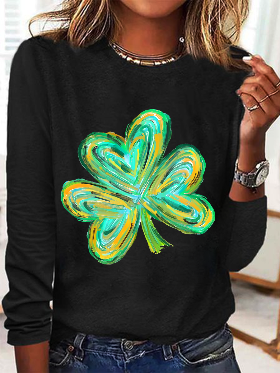 Women's Shamrock Long Sleeve Blouse_ Spring/Fall Crew Neck Daily Casual Top