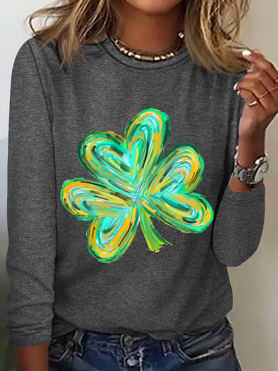 Women's Shamrock Long Sleeve Blouse_ Spring/Fall Crew Neck Daily Casual Top