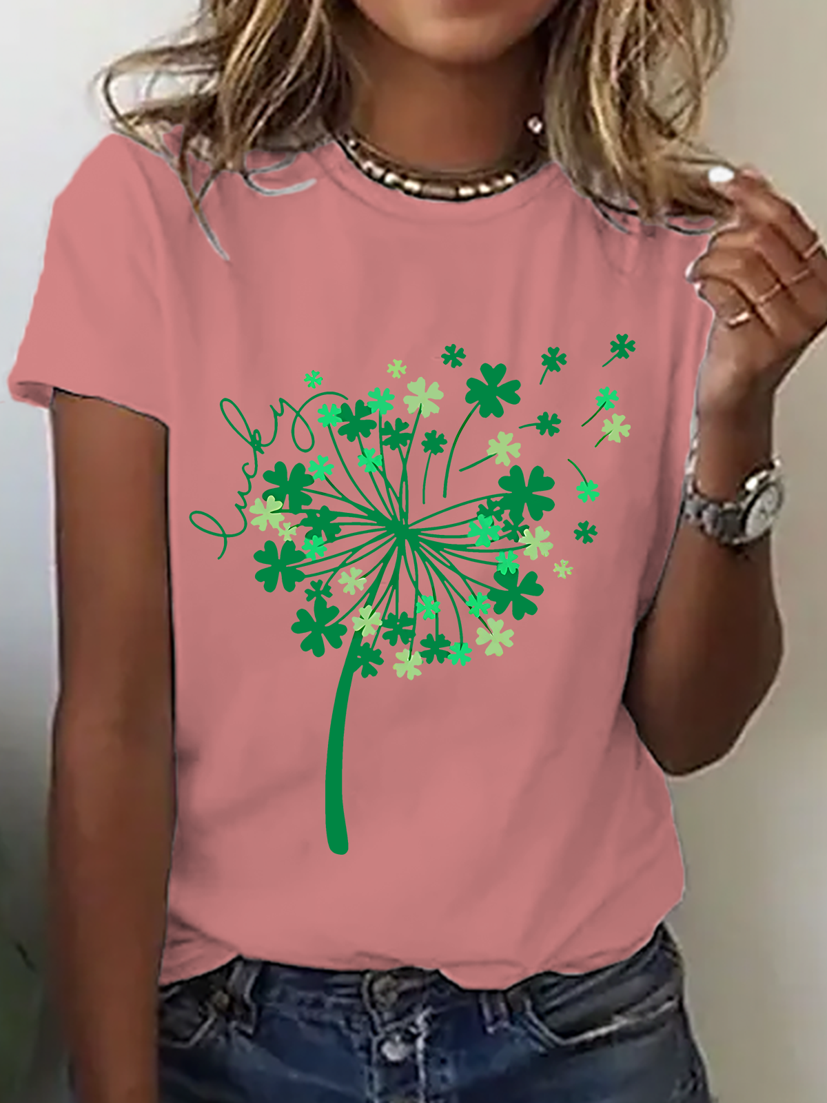 Women's Four-leaf Clover Short Sleeve Tee T-shirt Crew Neck Casual Summer Top