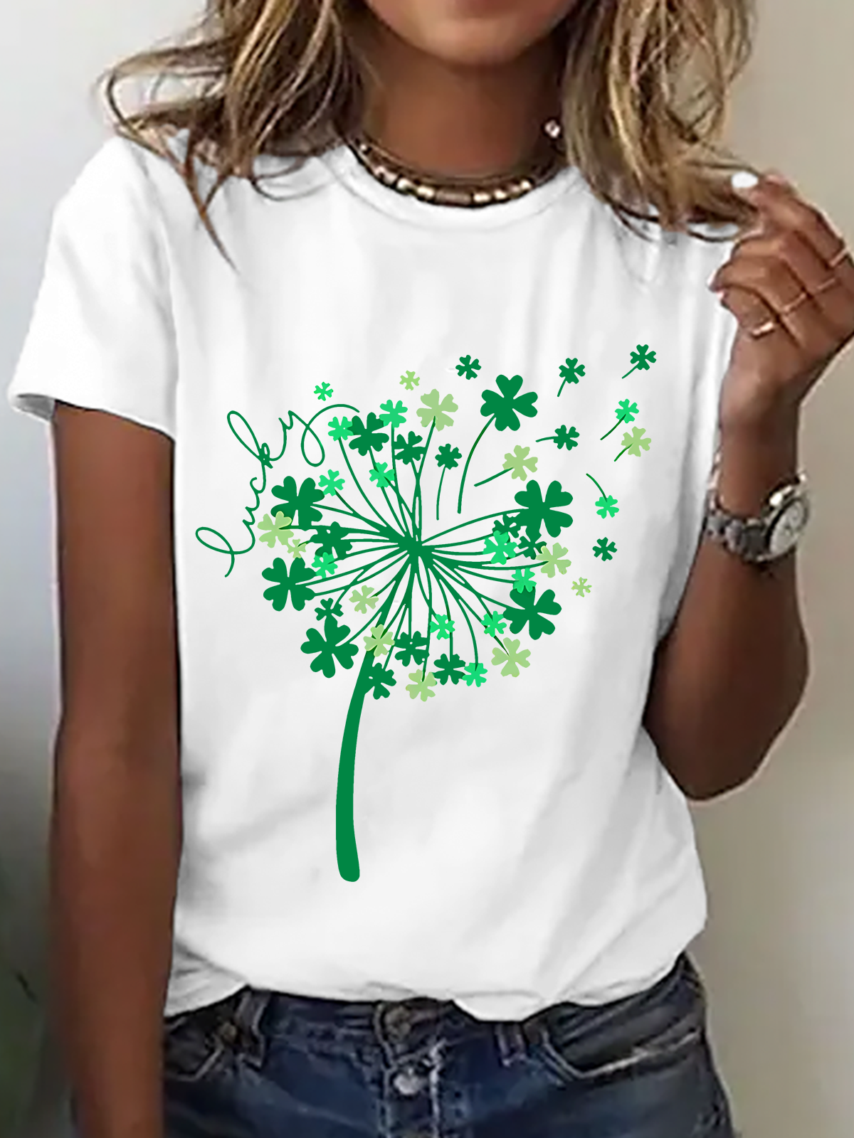 Women's Four-leaf Clover Short Sleeve Tee T-shirt Crew Neck Casual Summer Top