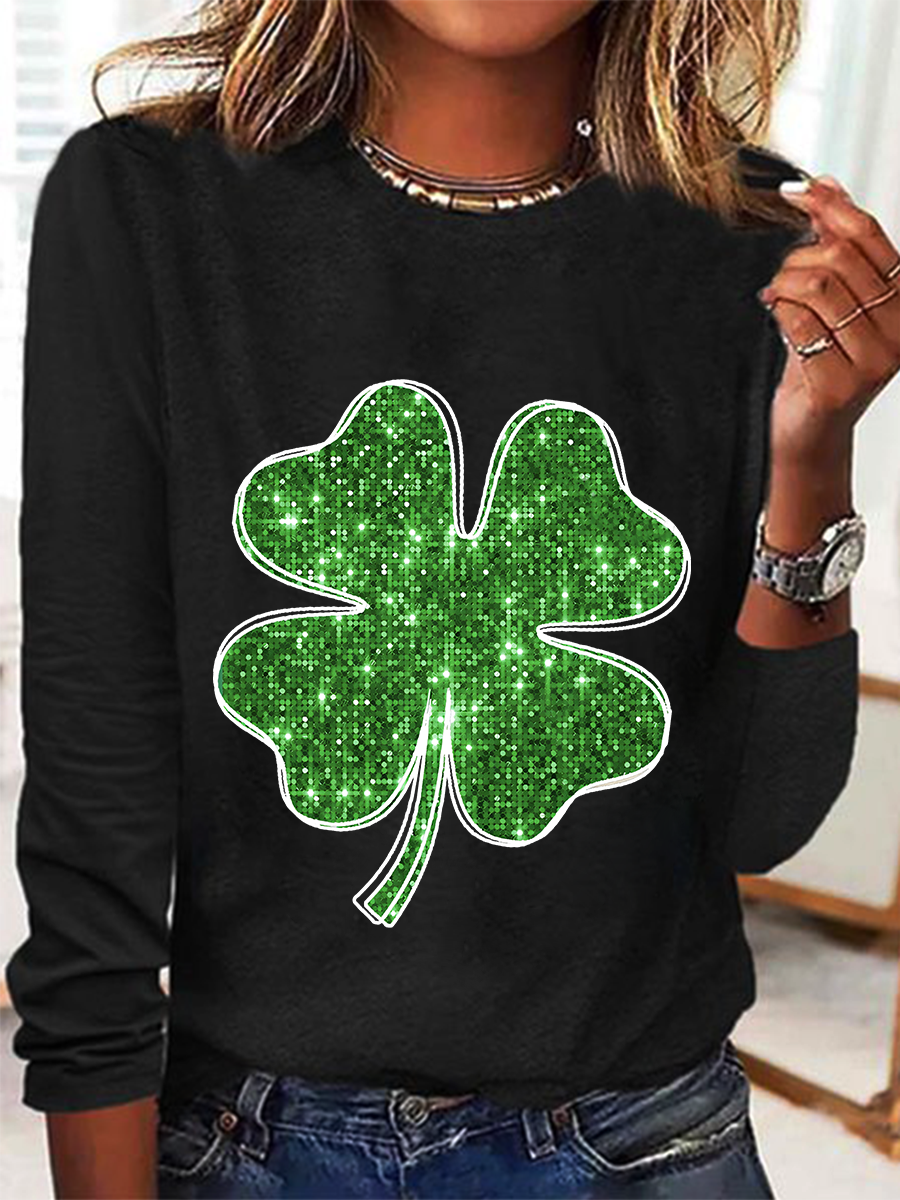 Women's Four-leaf Clover Long Sleeve Blouse_ Spring/Fall Crew Neck Daily Casual Top