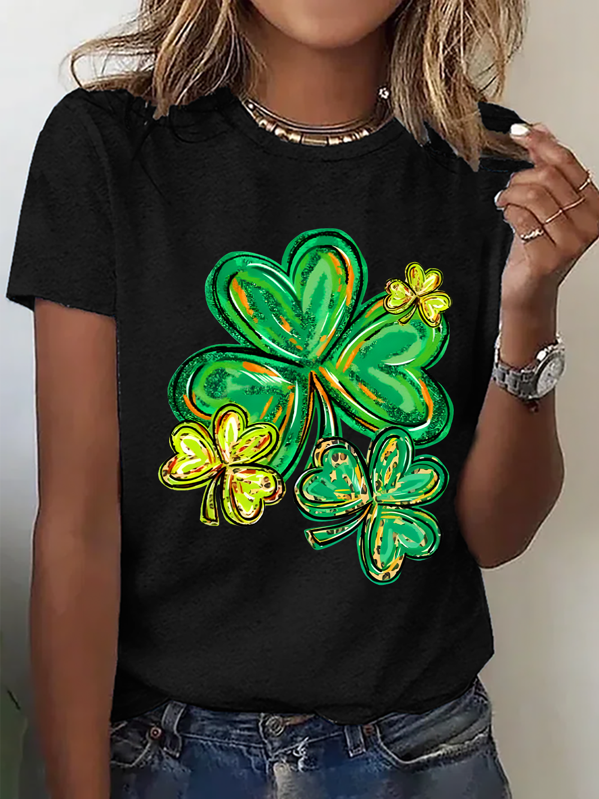 Women's Shamrock Short Sleeve Tee T-shirt Crew Neck Casual Summer Top