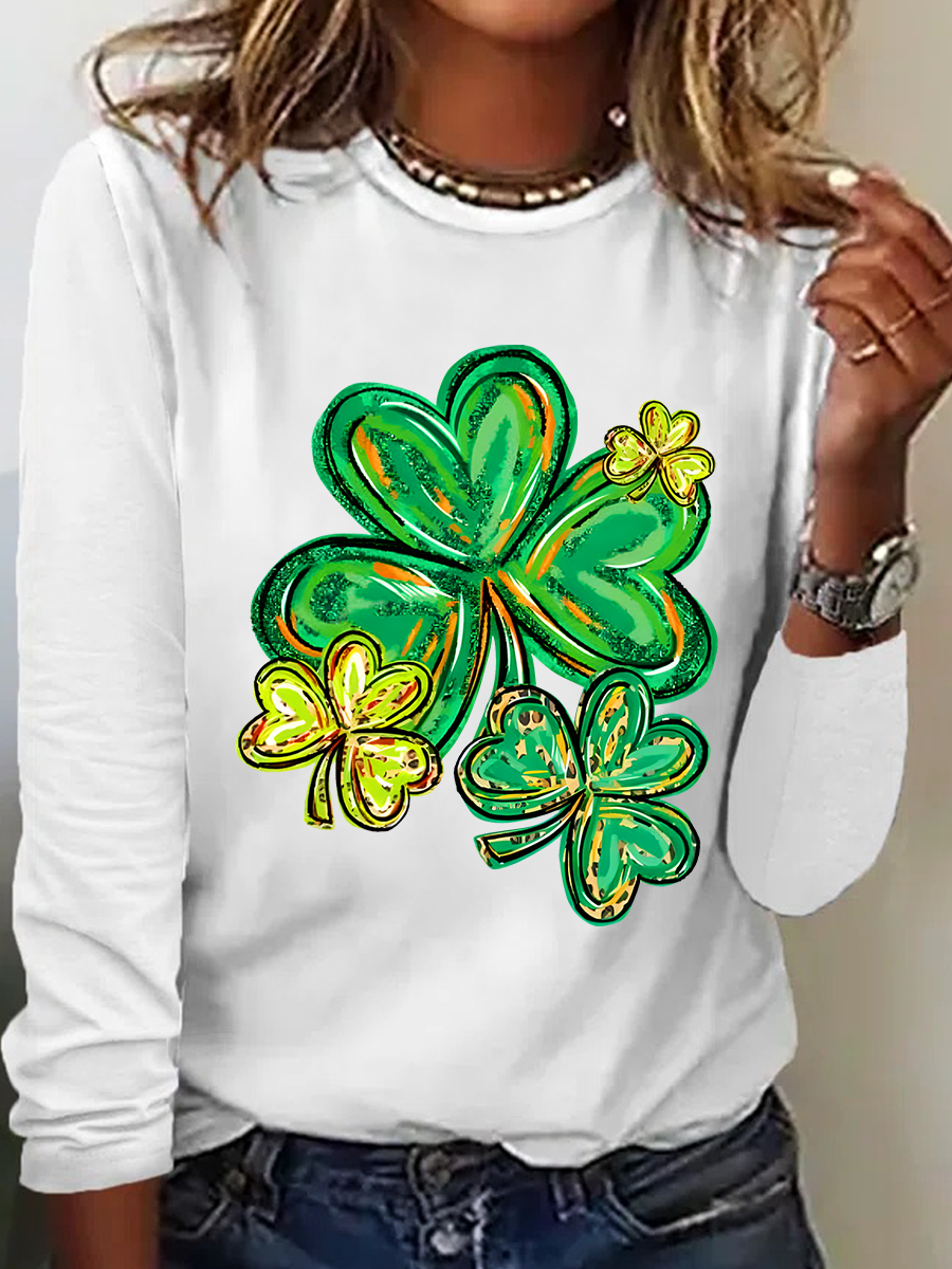 Women's Shamrock Long Sleeve Blouse_ Spring/Fall Crew Neck Daily Casual Top