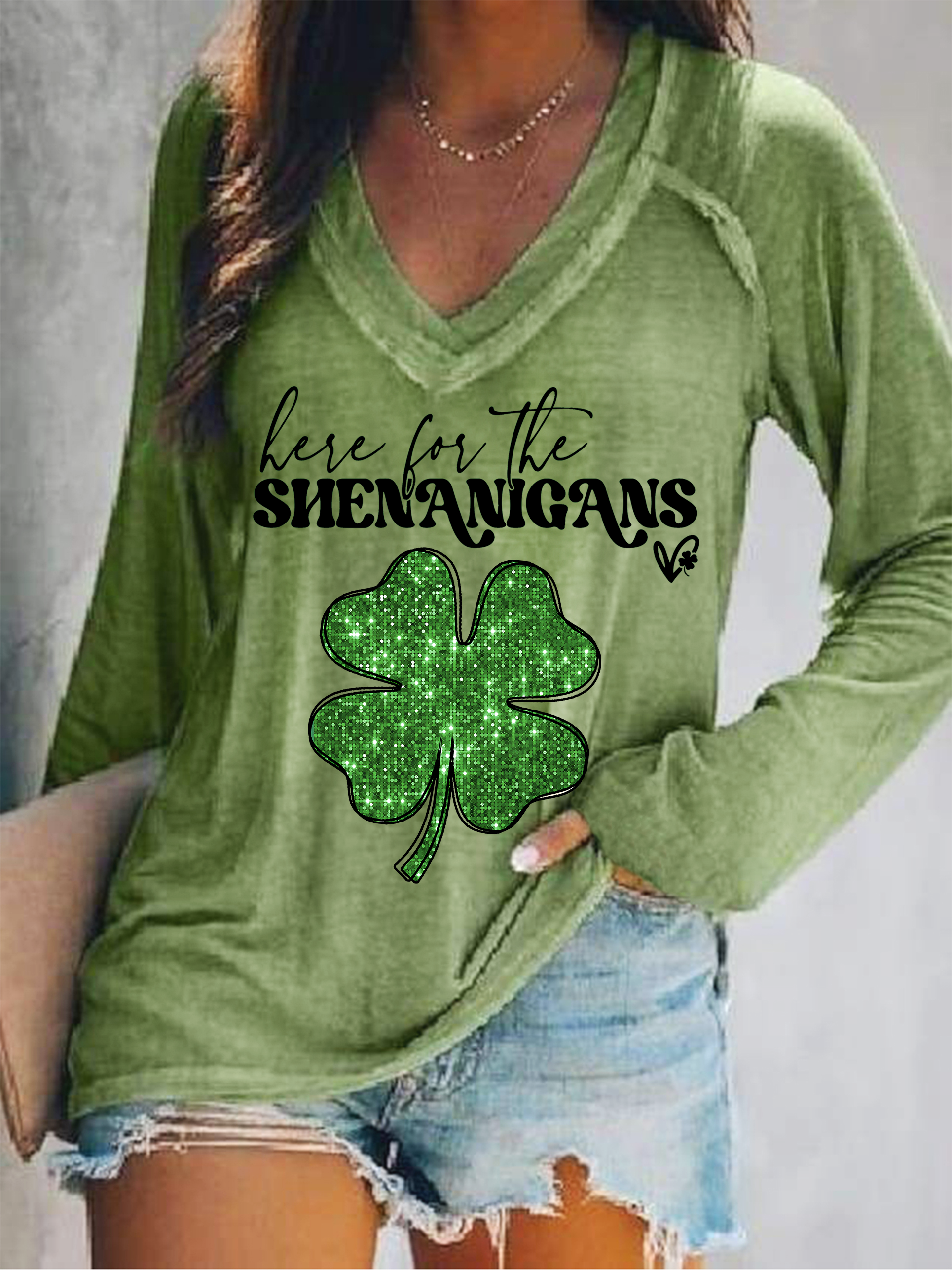 Women's Four-leaf Clover Long Sleeve Tee T-shirt V Neck Casual Spring/Fall Top