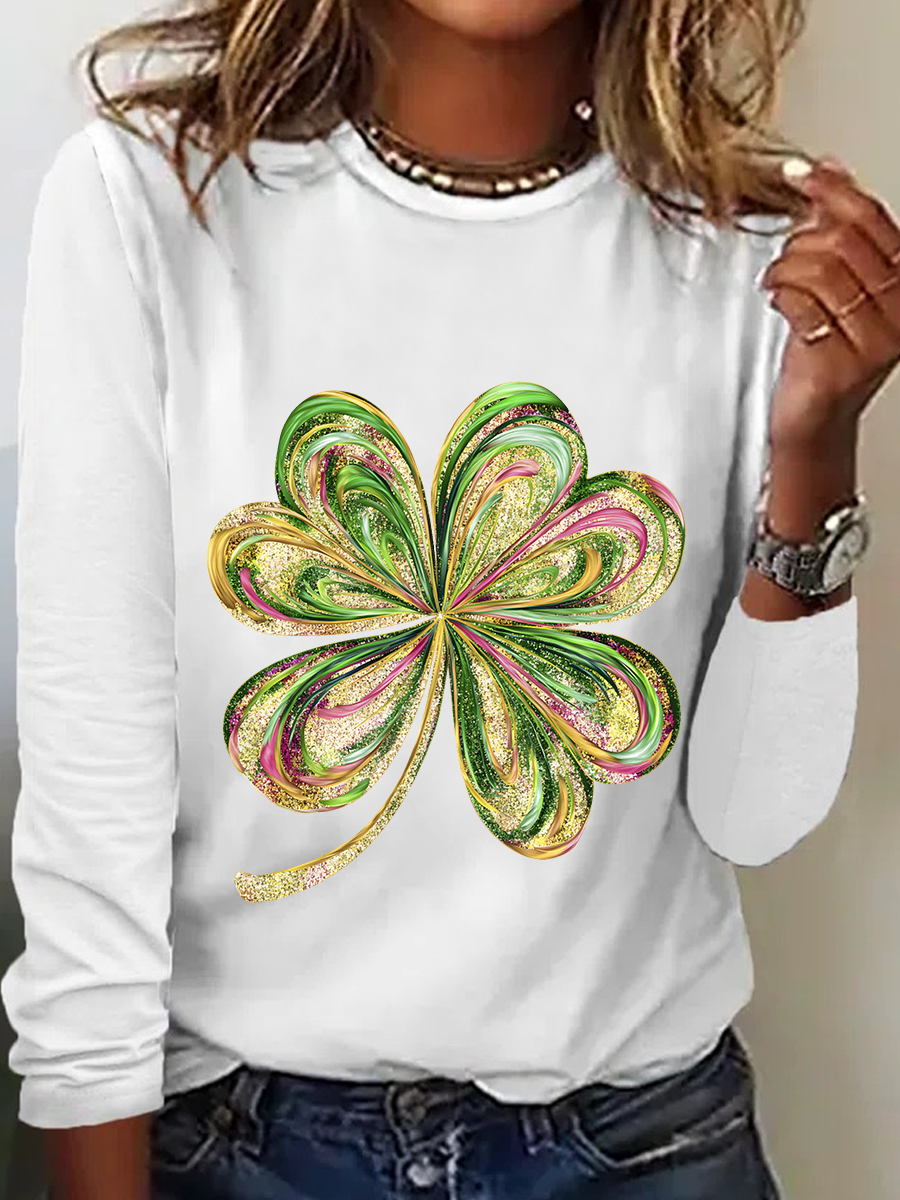 Women's Four-leaf Clover Long Sleeve Blouse_ Spring/Fall Crew Neck Daily Casual Top