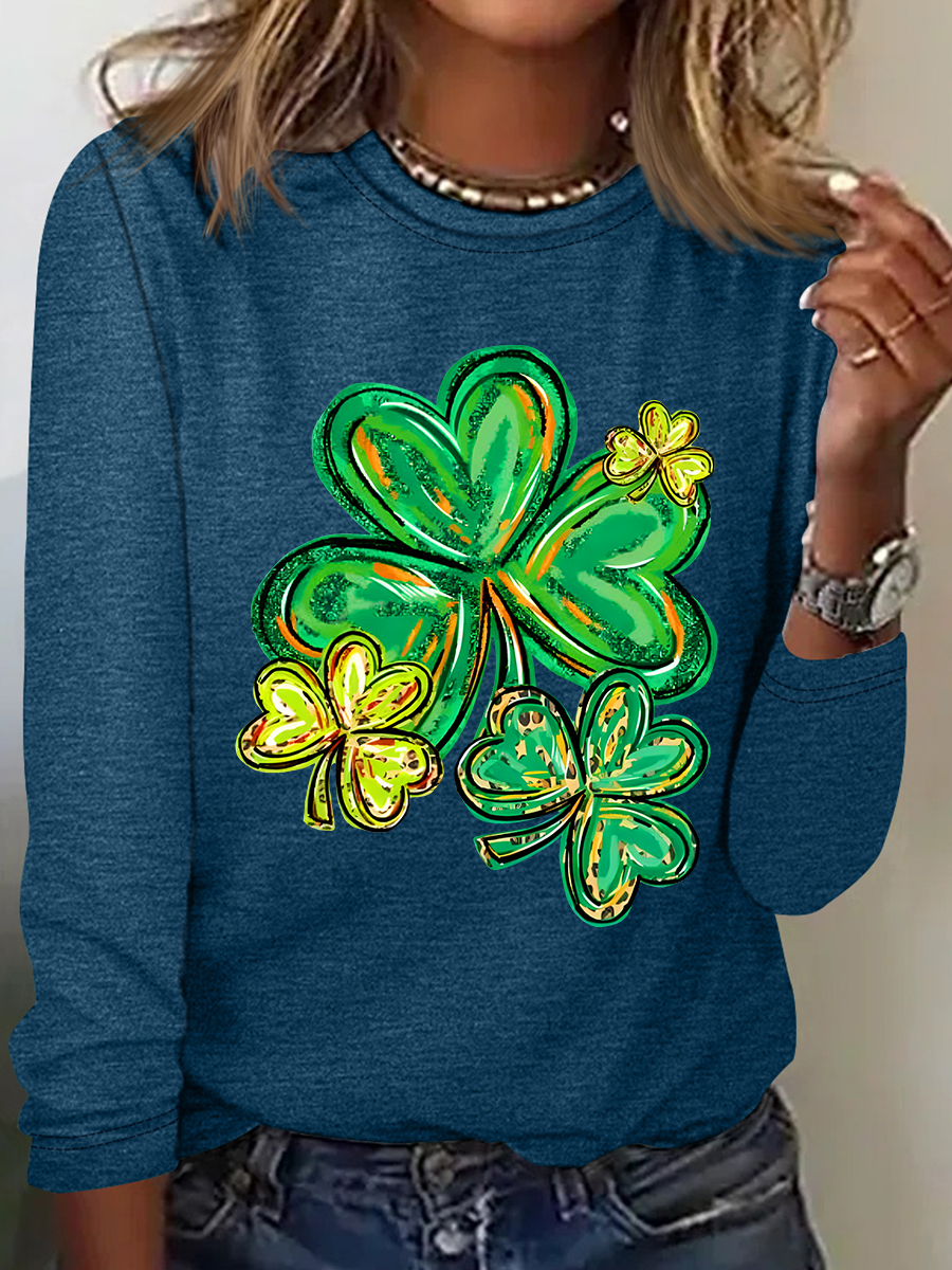 Women's Shamrock Long Sleeve Blouse_ Spring/Fall Crew Neck Daily Casual Top