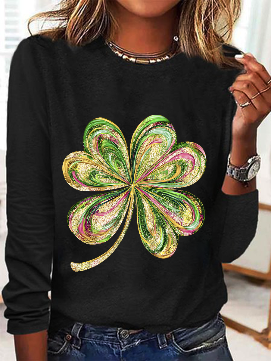 Women's Four-leaf Clover Long Sleeve Blouse_ Spring/Fall Crew Neck Daily Casual Top