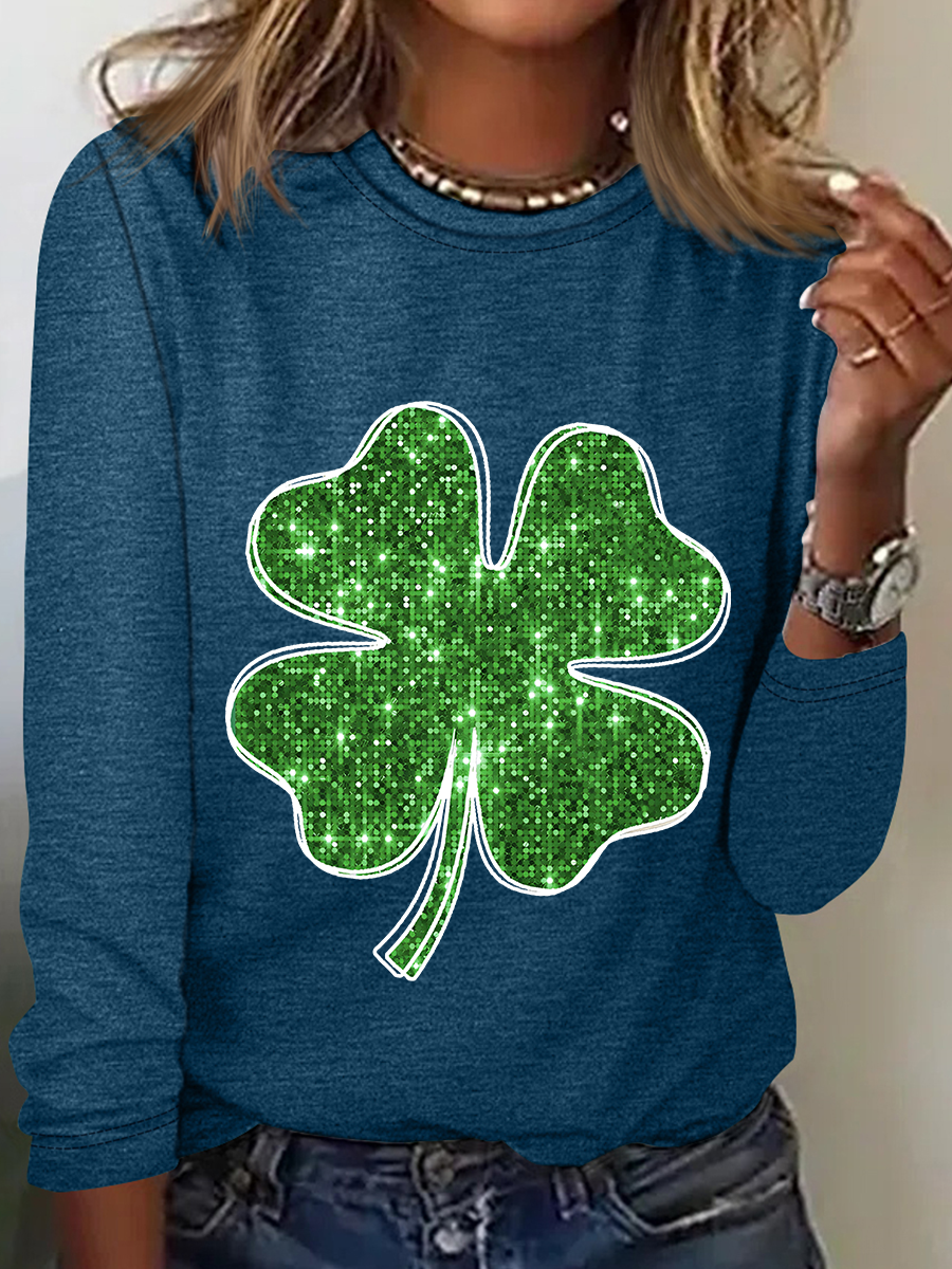 Women's Four-leaf Clover Long Sleeve Blouse_ Spring/Fall Crew Neck Daily Casual Top