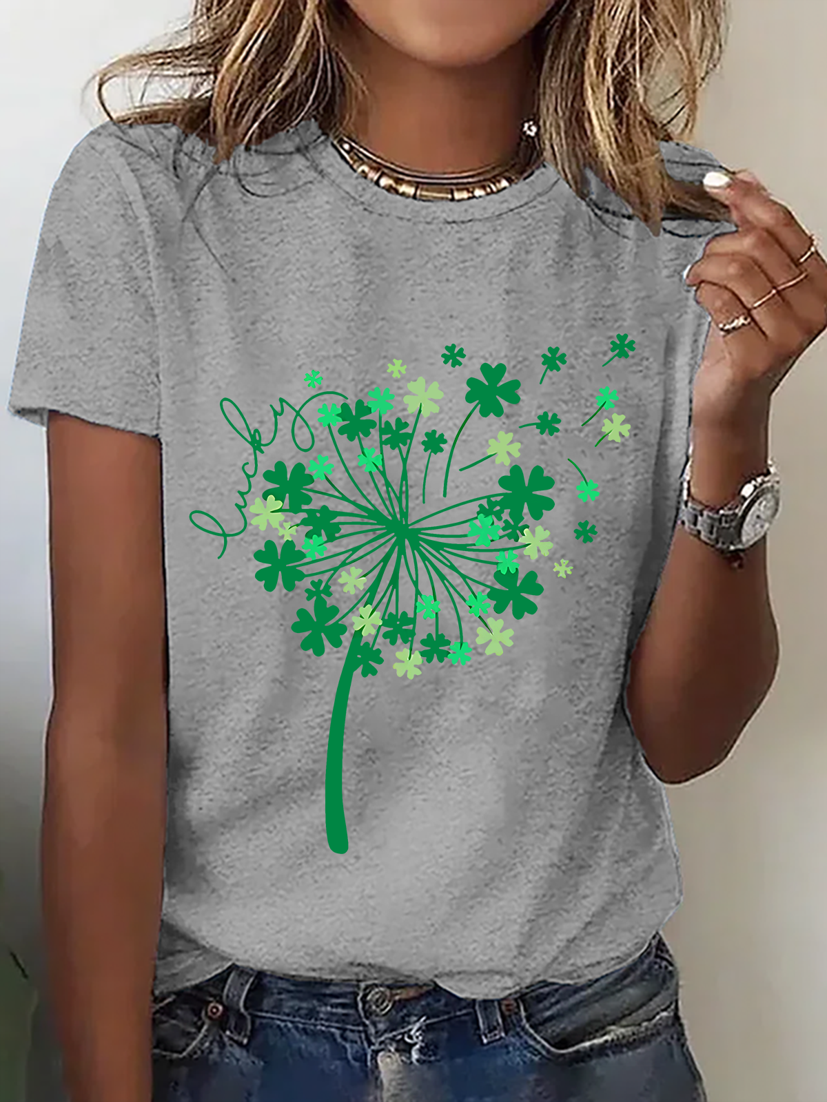 Women's Four-leaf Clover Short Sleeve Tee T-shirt Crew Neck Casual Summer Top