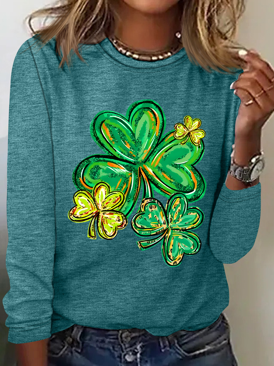 Women's Shamrock Long Sleeve Blouse_ Spring/Fall Crew Neck Daily Casual Top