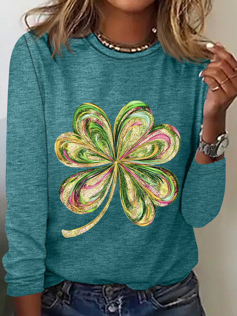 Women's Four-leaf Clover Long Sleeve Blouse_ Spring/Fall Crew Neck Daily Casual Top