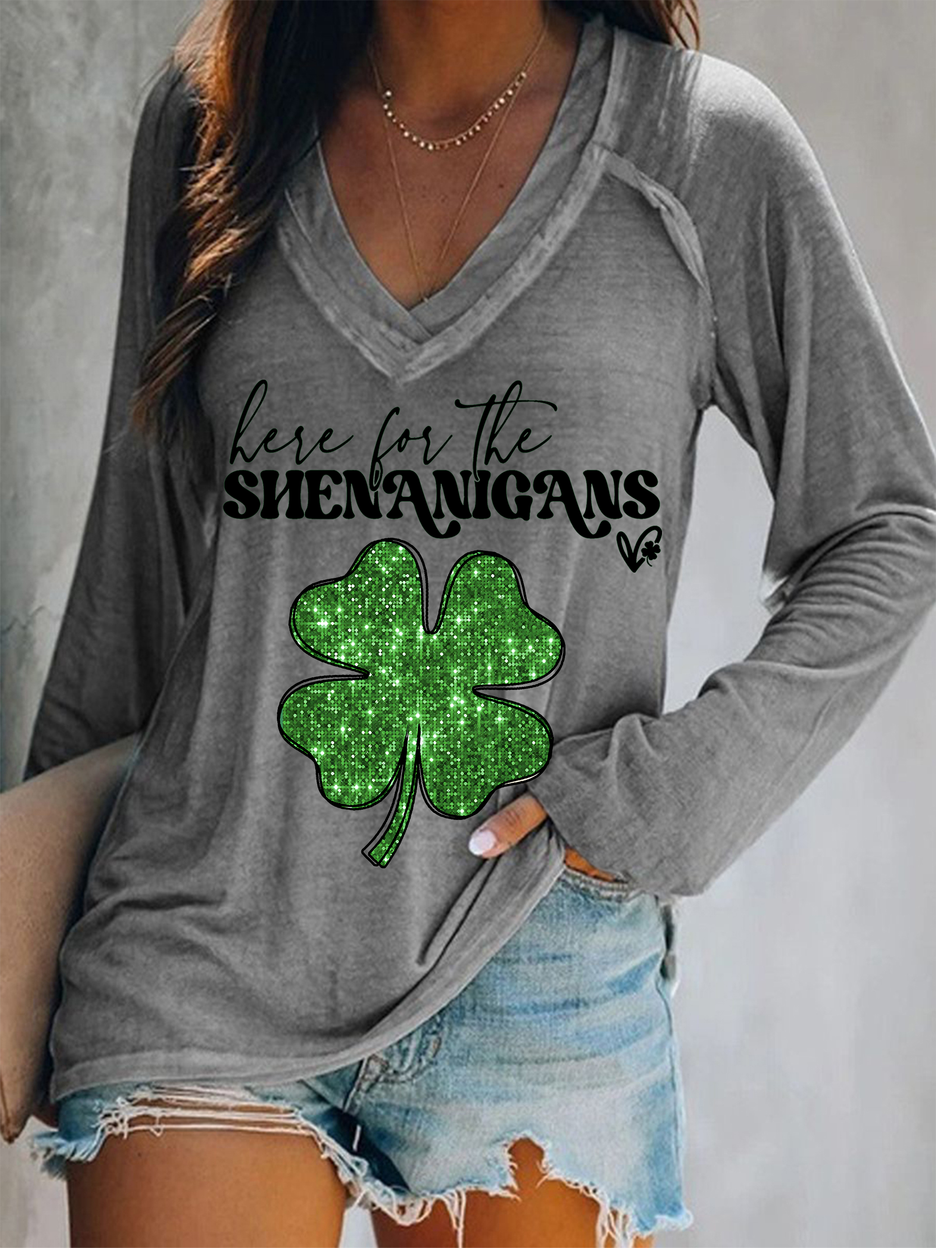 Women's Four-leaf Clover Long Sleeve Tee T-shirt V Neck Casual Spring/Fall Top