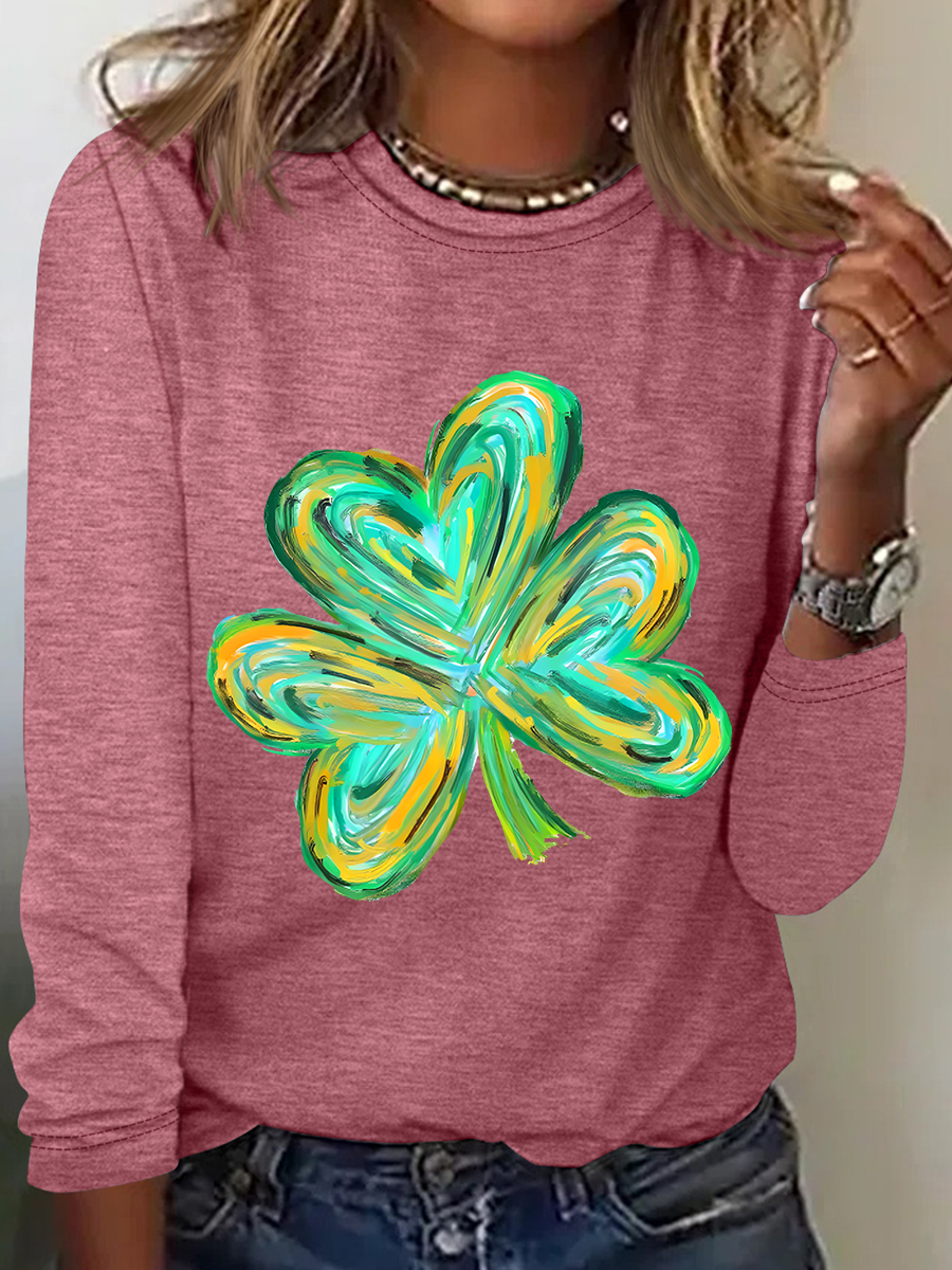 Women's Shamrock Long Sleeve Blouse_ Spring/Fall Crew Neck Daily Casual Top