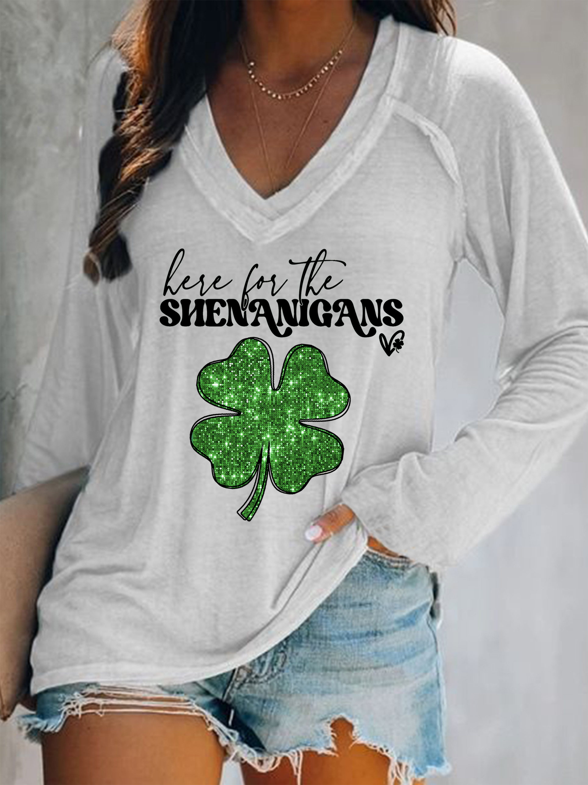 Women's Four-leaf Clover Long Sleeve Tee T-shirt V Neck Casual Spring/Fall Top