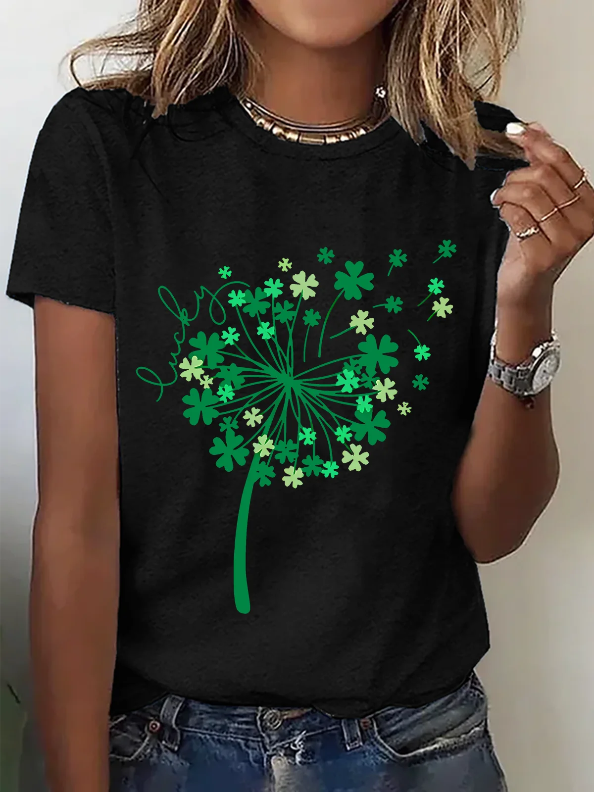 Women's Four-leaf Clover Short Sleeve Tee T-shirt Crew Neck Casual Summer Top