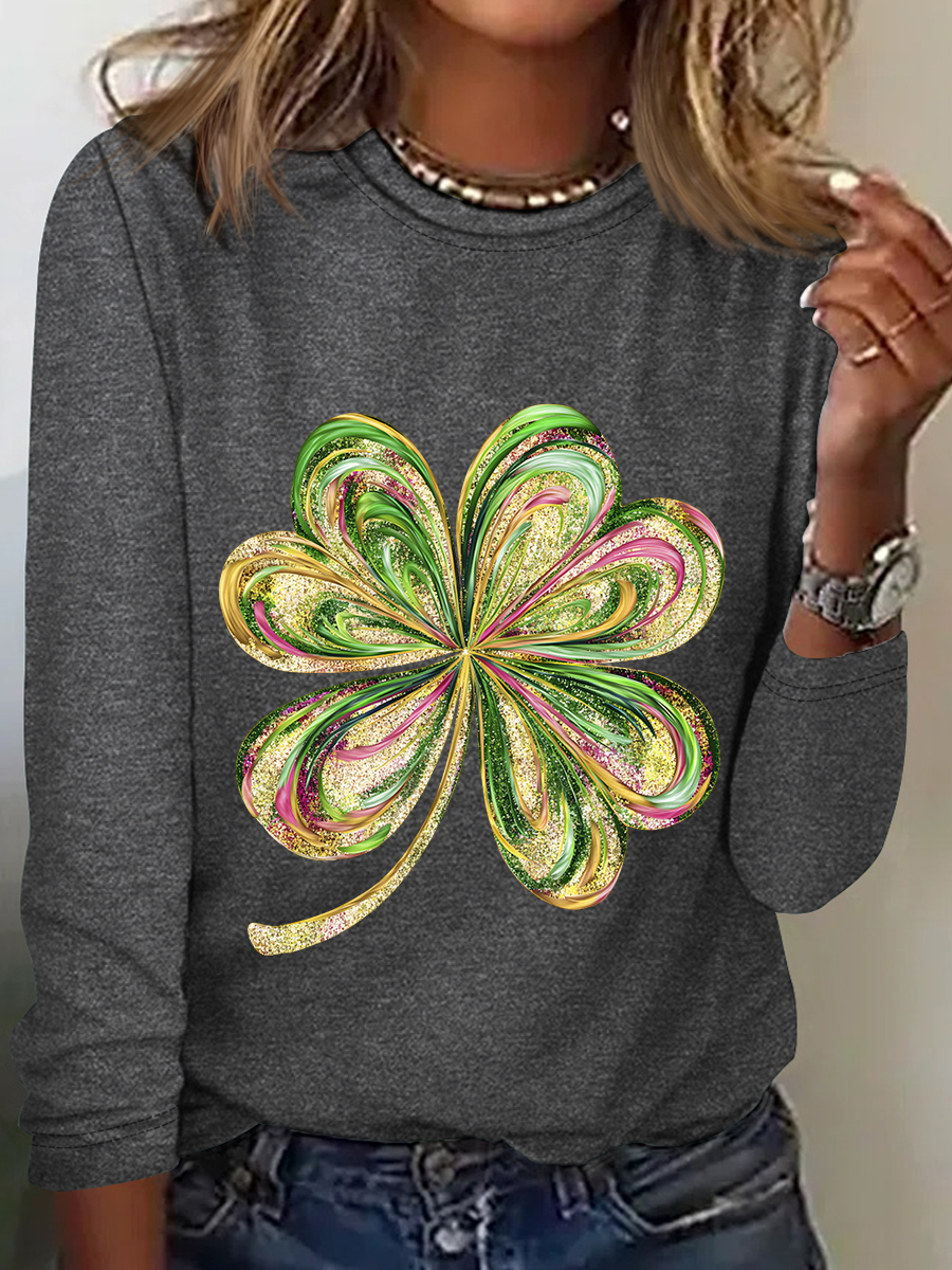 Women's Four-leaf Clover Long Sleeve Blouse_ Spring/Fall Crew Neck Daily Casual Top