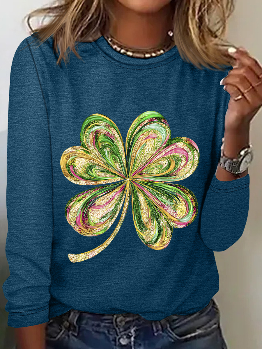 Women's Four-leaf Clover Long Sleeve Blouse_ Spring/Fall Crew Neck Daily Casual Top