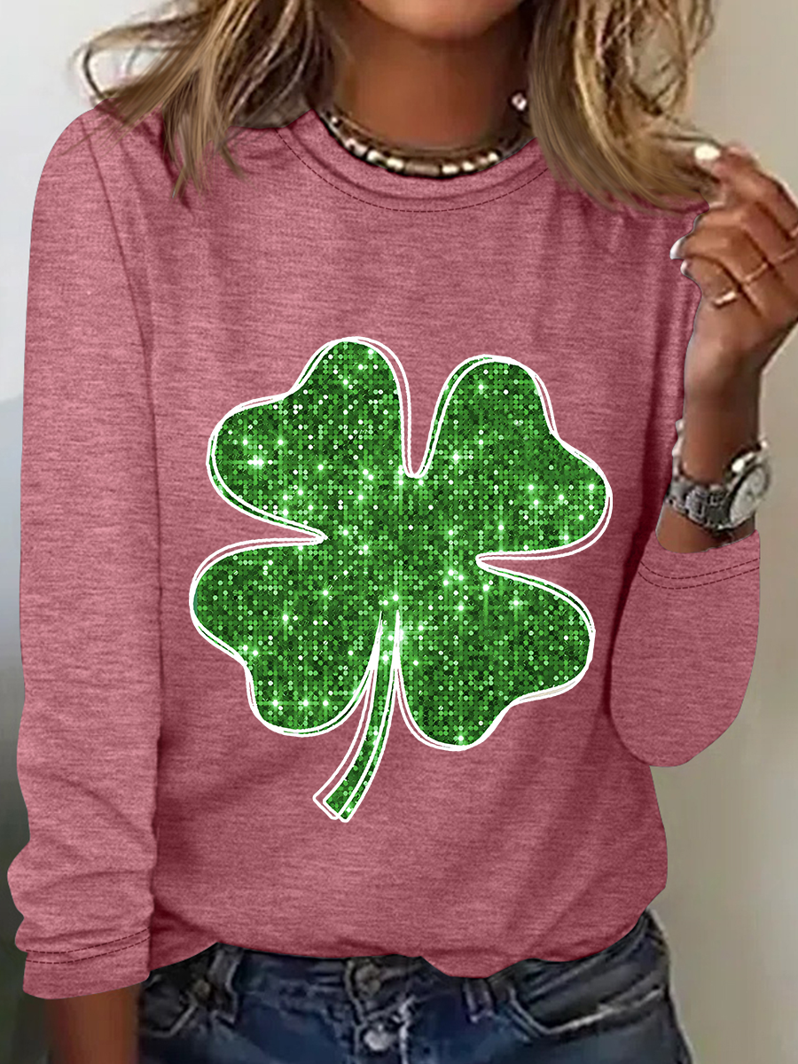 Women's Four-leaf Clover Long Sleeve Blouse_ Spring/Fall Crew Neck Daily Casual Top