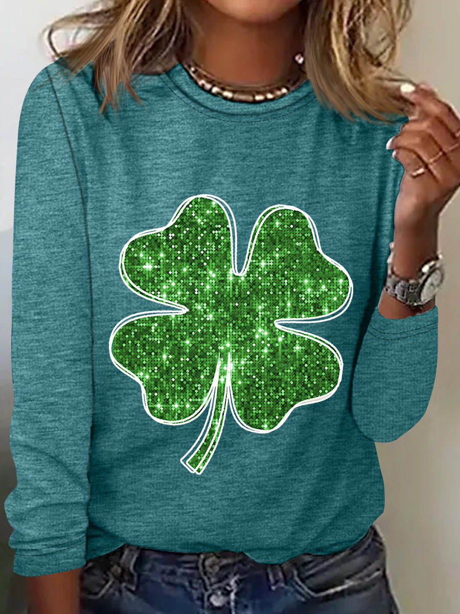 Women's Four-leaf Clover Long Sleeve Blouse_ Spring/Fall Crew Neck Daily Casual Top