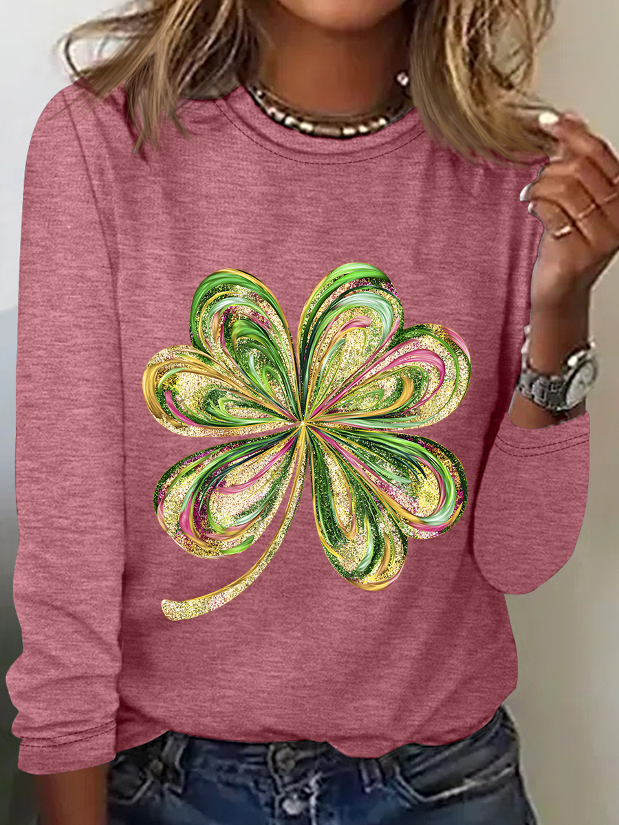 Women's Four-leaf Clover Long Sleeve Blouse_ Spring/Fall Crew Neck Daily Casual Top