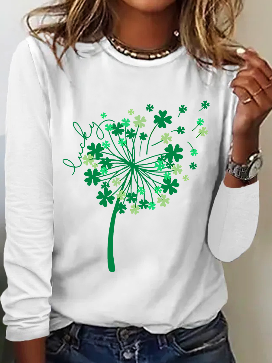 Women's Shamrock Long Sleeve Blouse_ Spring/Fall Crew Neck Daily Casual Top