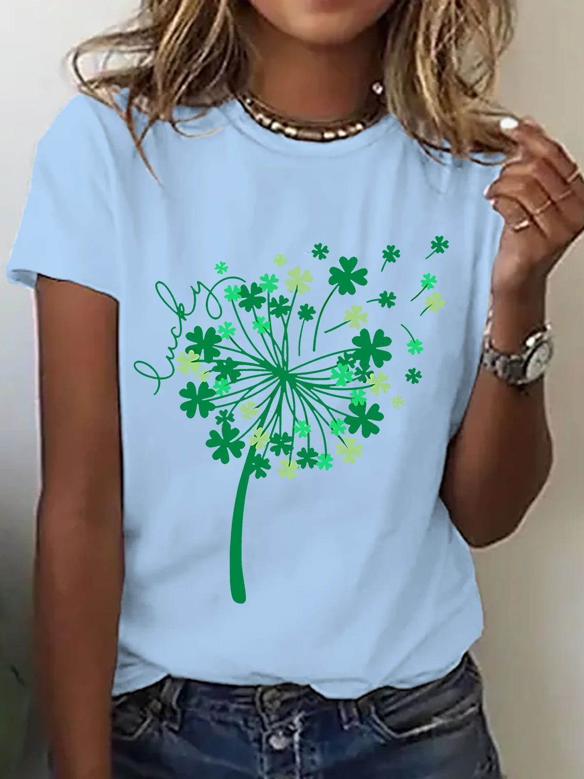 Women's Four-leaf Clover Short Sleeve Tee T-shirt Crew Neck Casual Summer Top