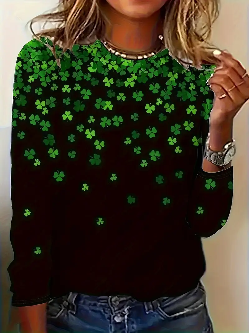 Women's Long Sleeve Tee T-shirt Spring/Fall Shamrock Printing V Neck Casual Top