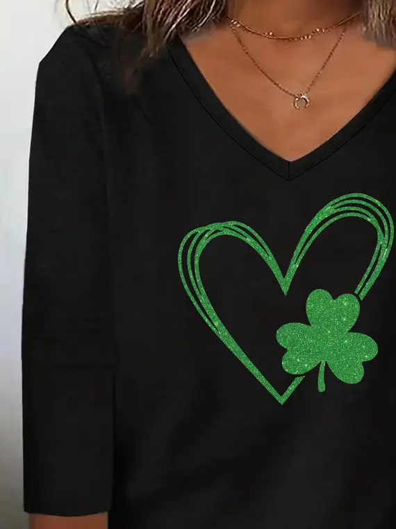 Women's Long Sleeve Tee T-shirt Spring/Fall Shamrock Printing V Neck Casual Top