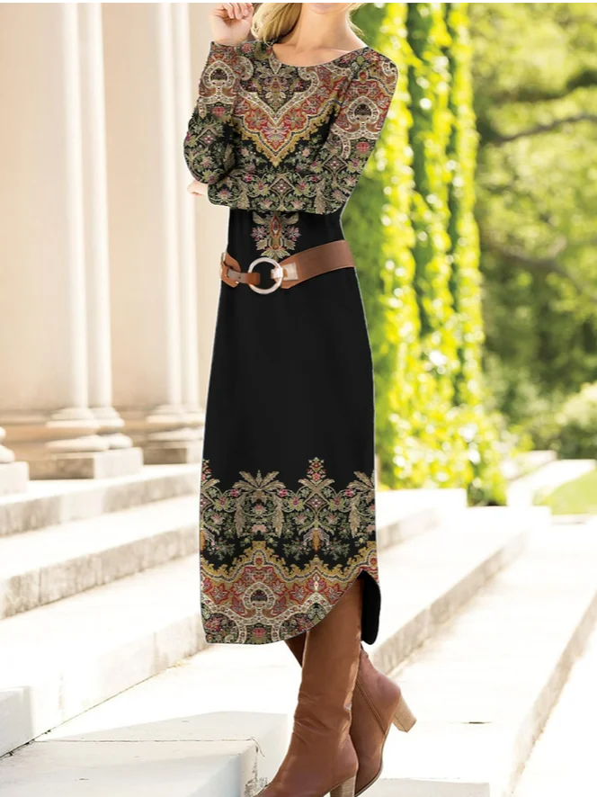 Women's Long Sleeve Spring/Fall Ethnic Dress Crew Neck Daily Going Out Vintage Maxi T-Shirt Dress H-Line Dress