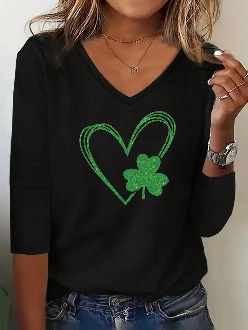 Women's Long Sleeve Tee T-shirt Spring/Fall Shamrock Printing V Neck Casual Top