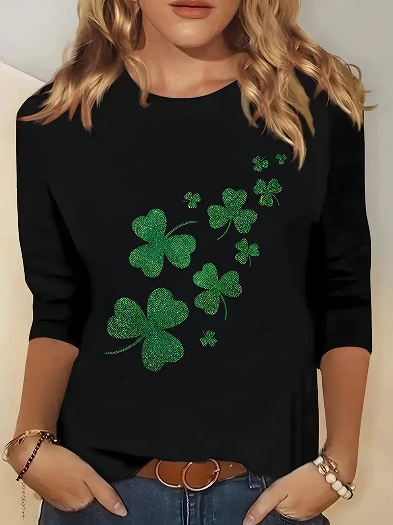 Women's Long Sleeve Tee T-shirt Spring/Fall Shamrock Printing V Neck Casual Top