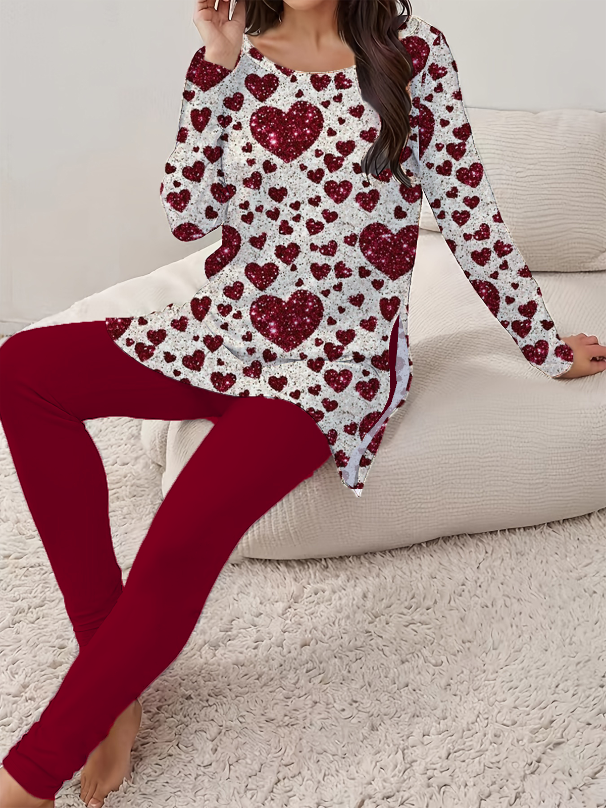 Women's Printing Heart/Cordate Daily Going Out Two Piece Set Long Sleeve Casual Spring/Fall Top With Pants Matching Set