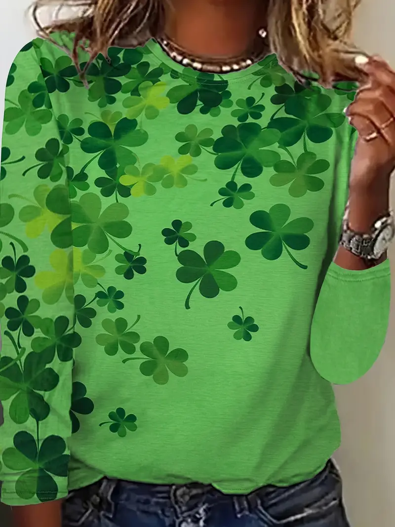 Women's Long Sleeve Tee T-shirt Spring/Fall Shamrock St. Patrick's Day Floral Casual Top