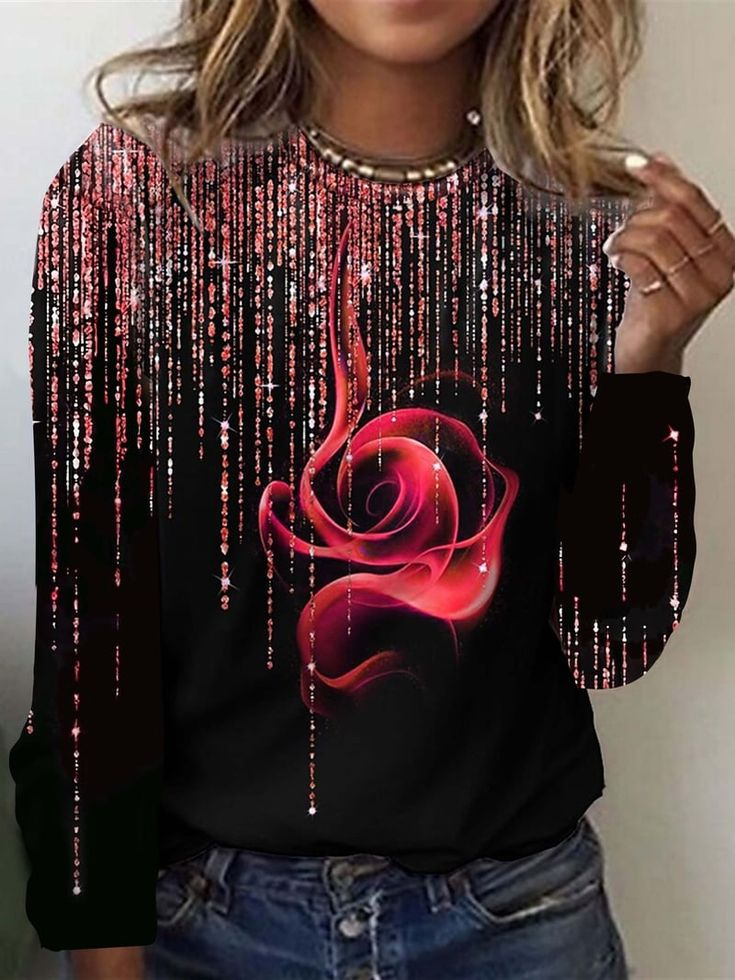 Women's Long Sleeve Tee T-shirt Spring/Fall Floral Printing Crew Neck Casual Top