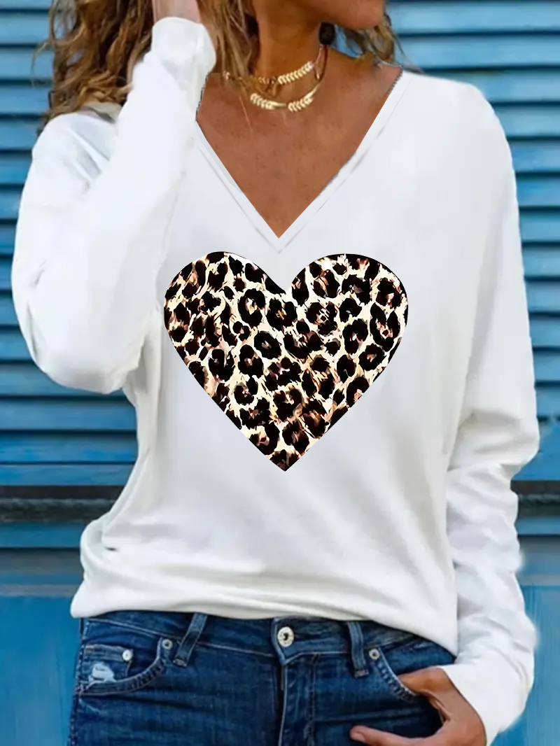 Women's Long Sleeve Tee T-shirt Spring/Fall Leopard Printing V Neck Casual Top