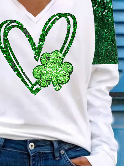 Women's Long Sleeve Tee T-shirt Spring/Fall Shamrock Printing V Neck Casual Top