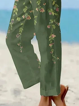 Women's Trousers Straight Pants Daily Going Out Casual Printing Linen Blend Floral Spring/Fall Pants