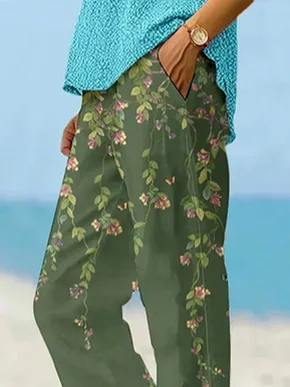 Women's Trousers Straight Pants Daily Going Out Casual Printing Linen Blend Floral Spring/Fall Pants