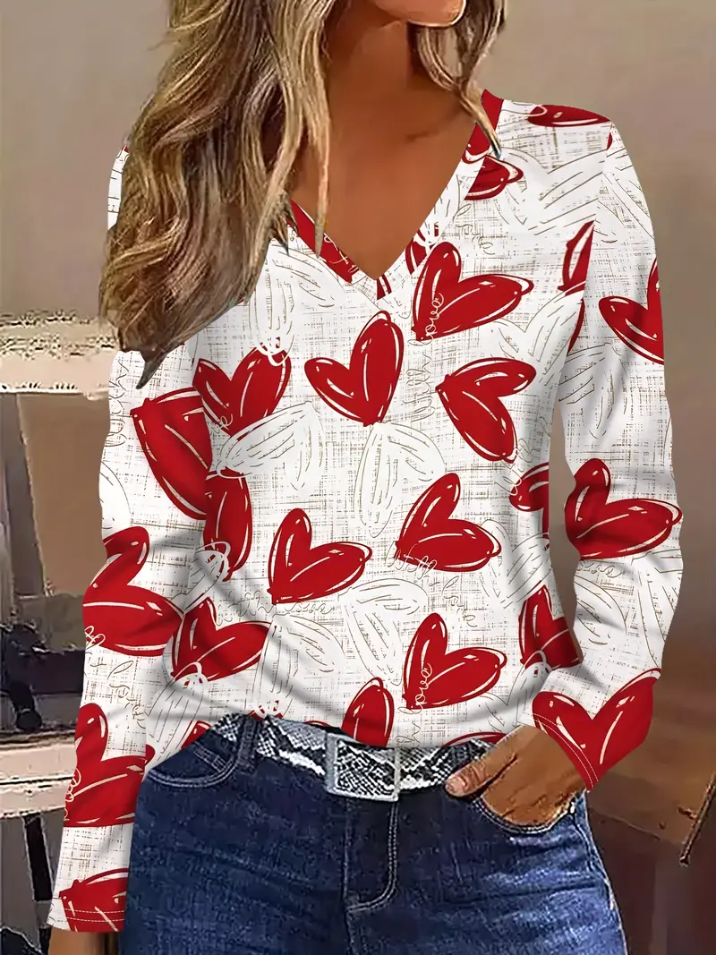 Women's Long Sleeve Tee T-shirt Spring/Fall Heart/Cordate Printing V Neck Casual Top