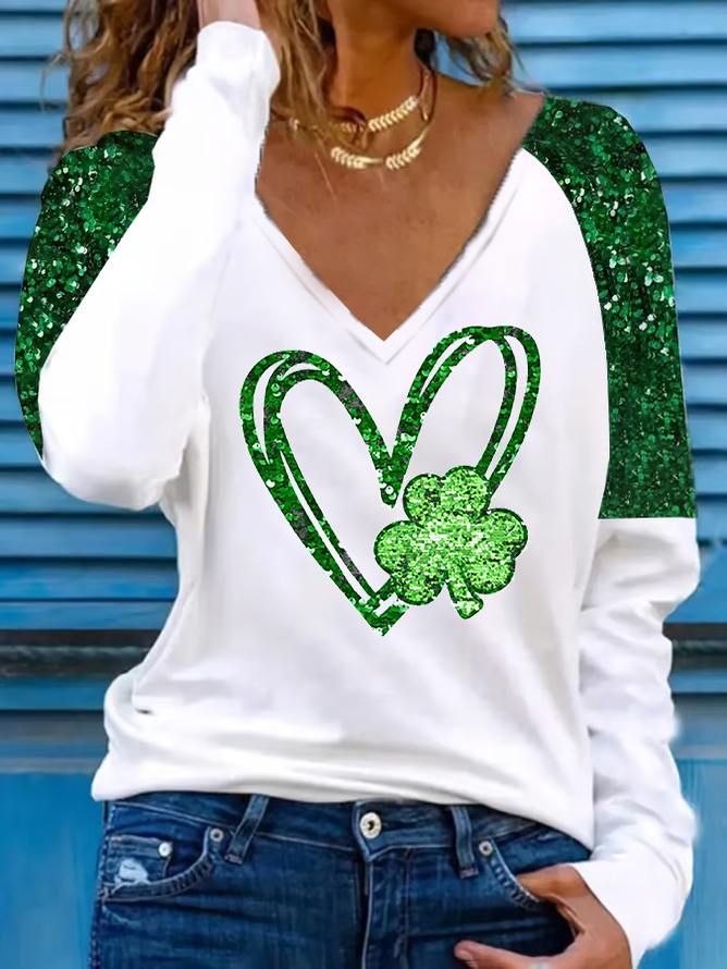 Women's Long Sleeve Tee T-shirt Spring/Fall Shamrock Printing V Neck Casual Top