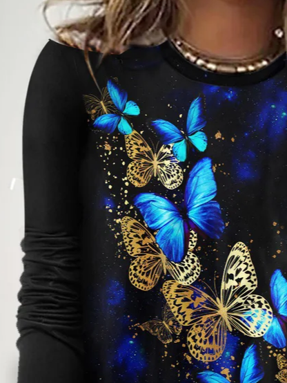 Women's Long Sleeve Tee T-shirt Spring/Fall Butterfly Printing Crew Neck Casual Graphic Tee Top