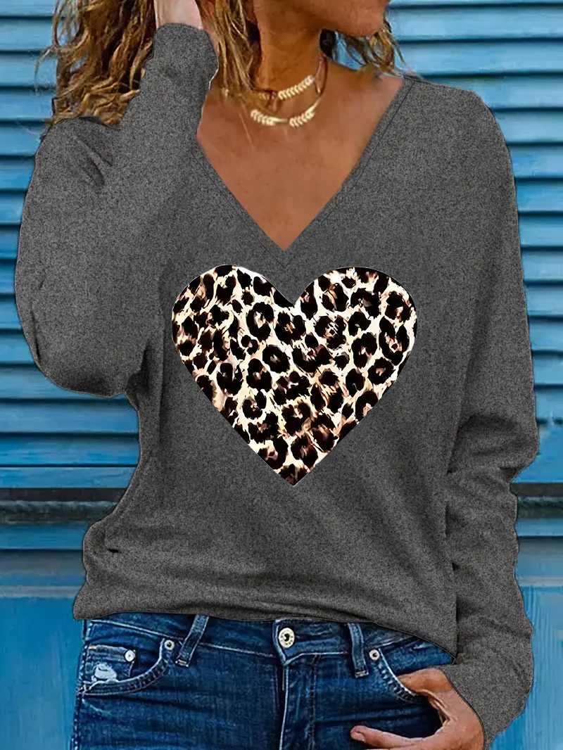 Women's Long Sleeve Tee T-shirt Spring/Fall Leopard Printing V Neck Casual Top