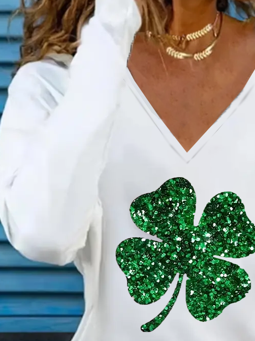 Women's Long Sleeve Tee T-shirt Spring/Fall Shamrock St. Patrick's Day Floral V Neck Casual Top