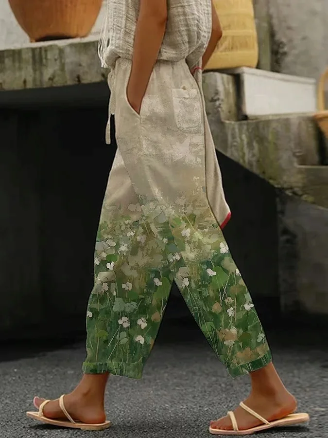 Women's Trousers Straight Pants Daily Going Out Casual Printing Linen Blend Floral Spring/Fall Pants