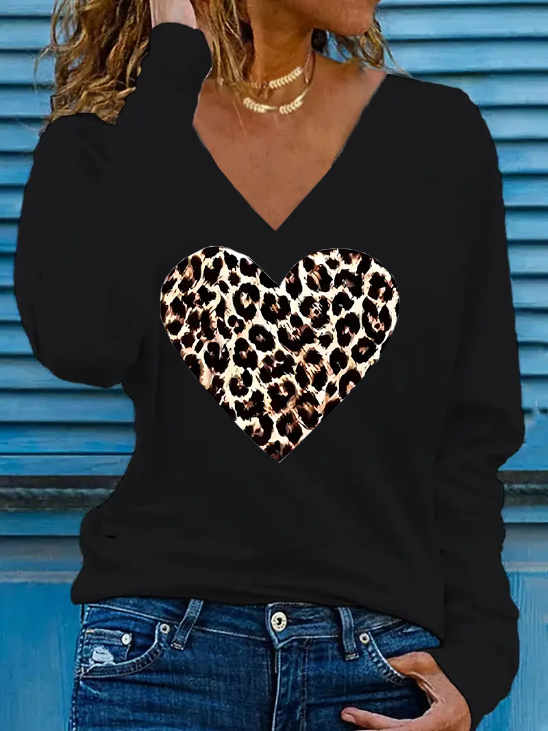 Women's Long Sleeve Tee T-shirt Spring/Fall Leopard Printing V Neck Casual Top