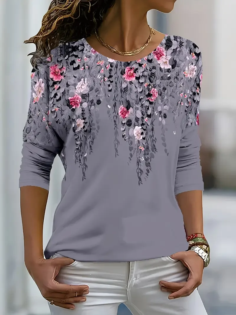 Women's Long Sleeve Tee T-shirt Spring/Fall Floral Printing Crew Neck Casual Graphic Tee Top