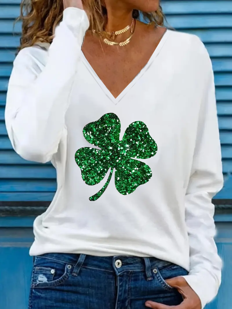 Women's Long Sleeve Tee T-shirt Spring/Fall Shamrock St. Patrick's Day Floral V Neck Casual Top