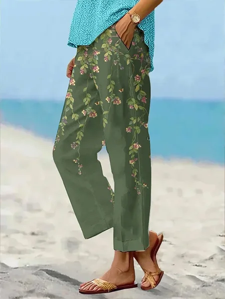 Women's Trousers Straight Pants Daily Going Out Casual Printing Linen Blend Floral Spring/Fall Pants